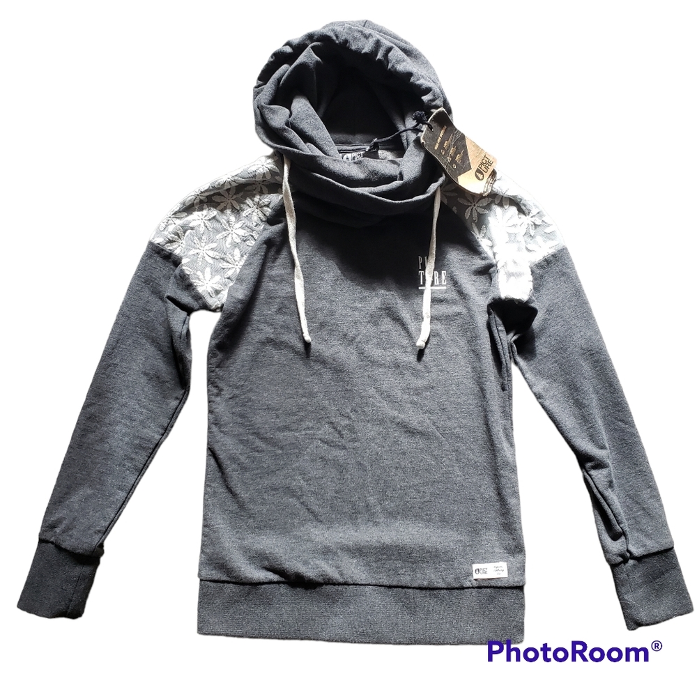 Picture Organic Pullover w/ Lace accents Grey Cowl Neck with Hoodie Size Medium